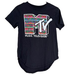 MTV Music Television Retro Y2K‎ 90s Black Geometric Logo Graphic T-Shirt Size M
